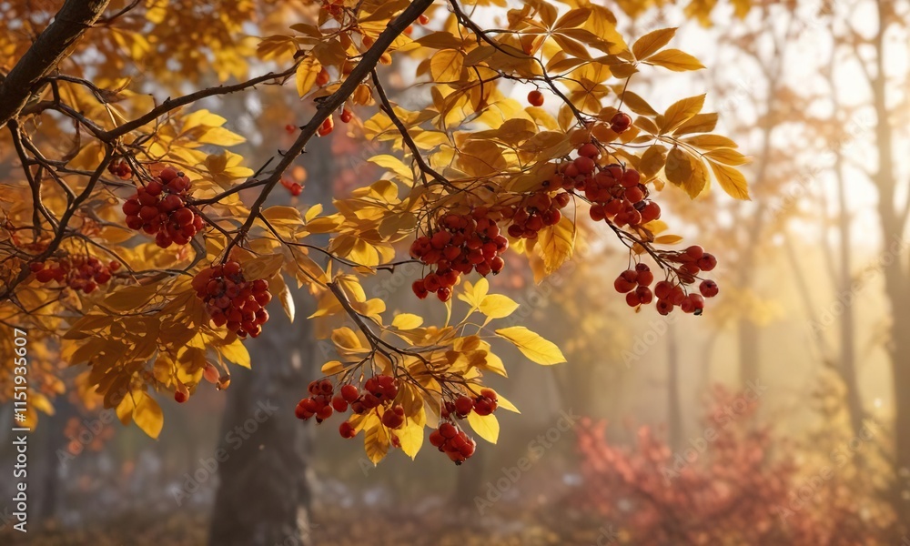Golden hues of autumn foliage against a soft red berry backdrop, autumn landscape, vibrant colors Golden hues of autumn foliage against a soft red berry backdrop, autumn landscape, vibrant colors