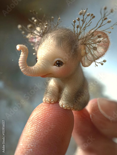 Adorable handcrafted miniature elephant figurine with lifelike details, perched on a fingertip, surrounded by soft natural tones, perfect for whimsical craft or art themes photo