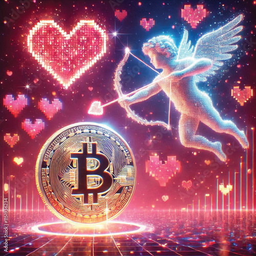 Celebrate Valentine's Day with Love and Technology! Bitcoin Sparks Heart, AI Cupid Shoots Arrow of Love, Cryptocurrency Growth Chart, The Perfect Mix of Romance, Wealth and Innovation