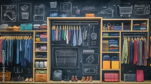 Chalk illustration of store layout featuring designated sections for clothing, footwear, and accessories, clear and informative design photo