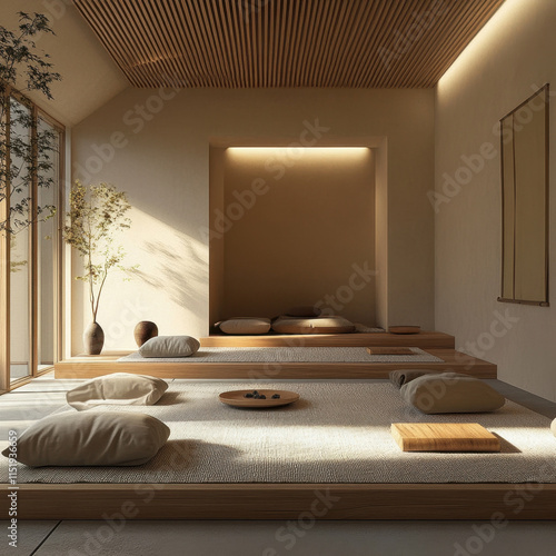 Zen inspired minimalist meditation room with natural light, wooden elements, and soft cushions creating serene atmosphere. Perfect for relaxation and mindfulness photo