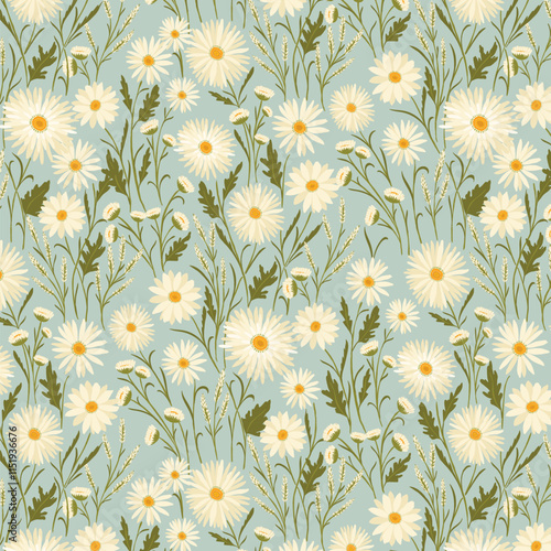 White Daises Garden on solid blue Background allover pattern