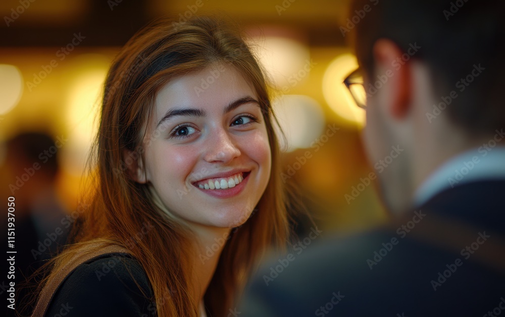 A young woman, full of enthusiasm, presents a new product at a crowded trade show, highlighting the momentum of a successful debut.