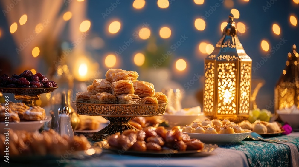 A festive table setup with Ramadan sweets like baklava, kunafa, and dates arranged around a glowing lantern. A festive table setup with Ramadan sweets like baklava, kunafa, and dates arranged around a glowing lantern.