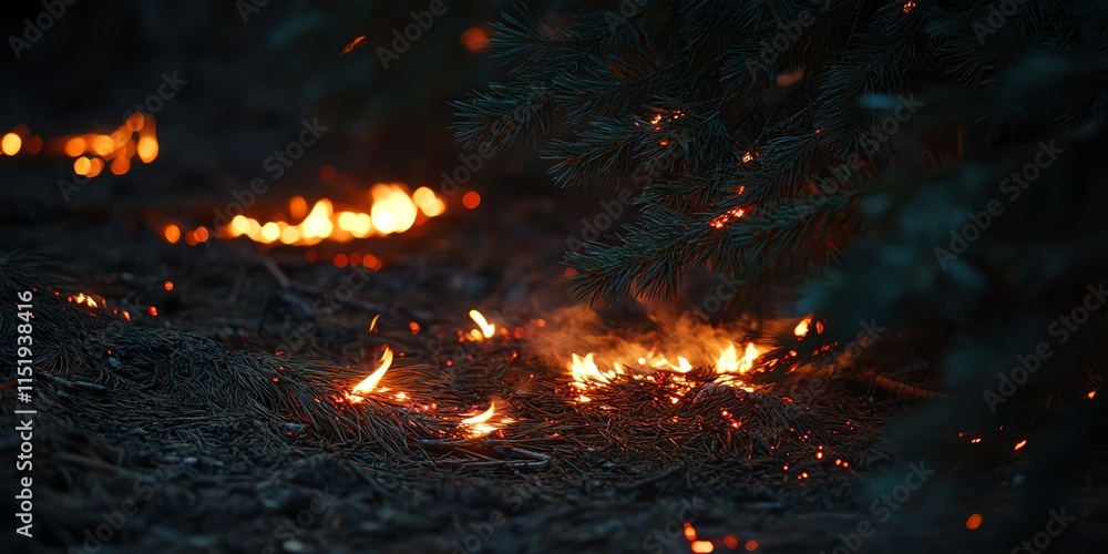 Close-up of a small wildfire burning on the forest floor at night. Close-up of a small wildfire burning on the forest floor at night.