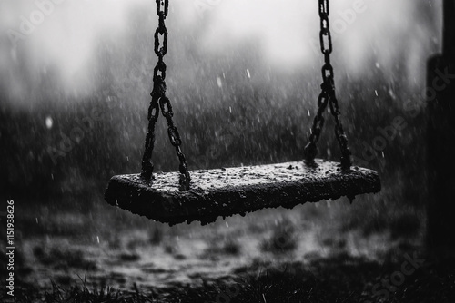 Moody black-and-white image of an abandoned swing with a subtle orange accent, set in a misty, desolate environment, evoking nostalgia and emotional storytelling photo