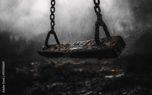 Moody black-and-white image of an abandoned swing with a subtle orange accent, set in a misty, desolate environment, evoking nostalgia and emotional storytelling photo