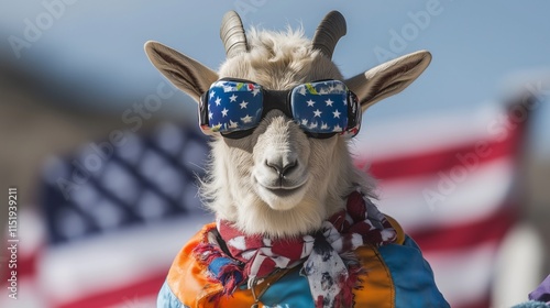 Mountain Goat with Dynamic Goggles and the American Flag photo