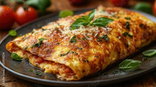 Wallpaper Mural Rolled omelet with tomato sauce, cheese, and basil on a dark plate. Torontodigital.ca
