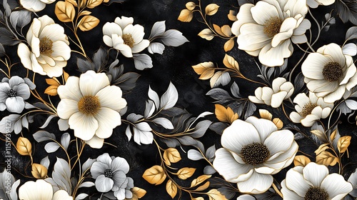 A luxurious floral pattern in black, gold, and white, exuding elegance and sophistication with intricate detailing. photo