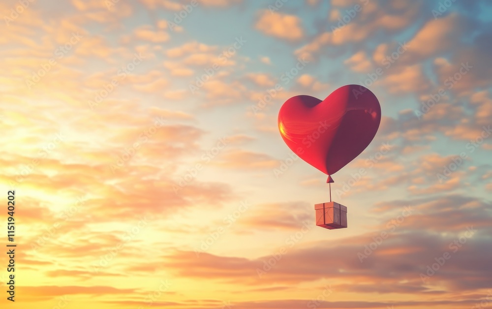 Fototapeta premium A 3D heart-shaped balloon floating gracefully in the sky, carrying a small gift box below. The scene is bathed in the soft, golden hues of a sunset