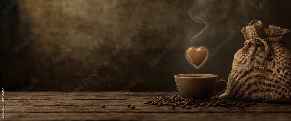 A beautifully detailed scene featuring a cup of steaming coffee with heart-shaped steam on an old wooden table, next to a burlap bag filled with coffee beans. A beautifully detailed scene featuring a cup of steaming coffee with heart-shaped steam on an old wooden table, next to a burlap bag filled with coffee beans.