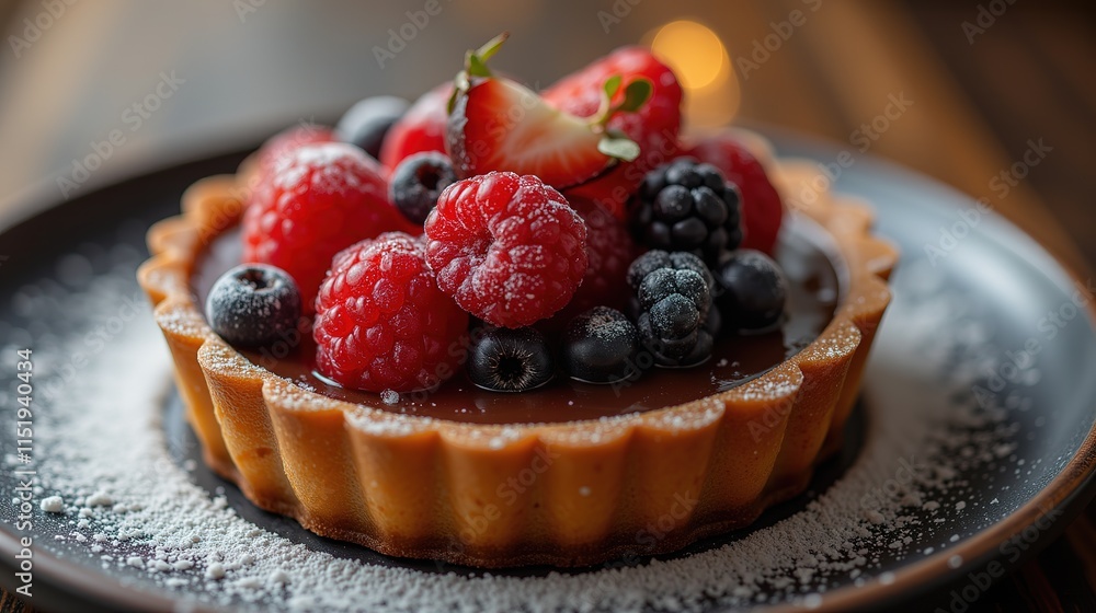Chocolate tart topped with fresh berries and powdered sugar on black plate Chocolate tart topped with fresh berries and powdered sugar on black plate