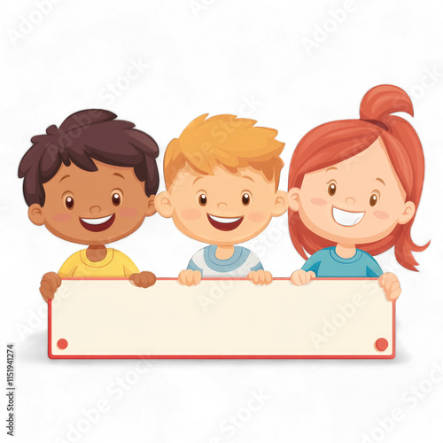 Three cheerful children holding a blank sign for messages isolated on transparent background, PNG