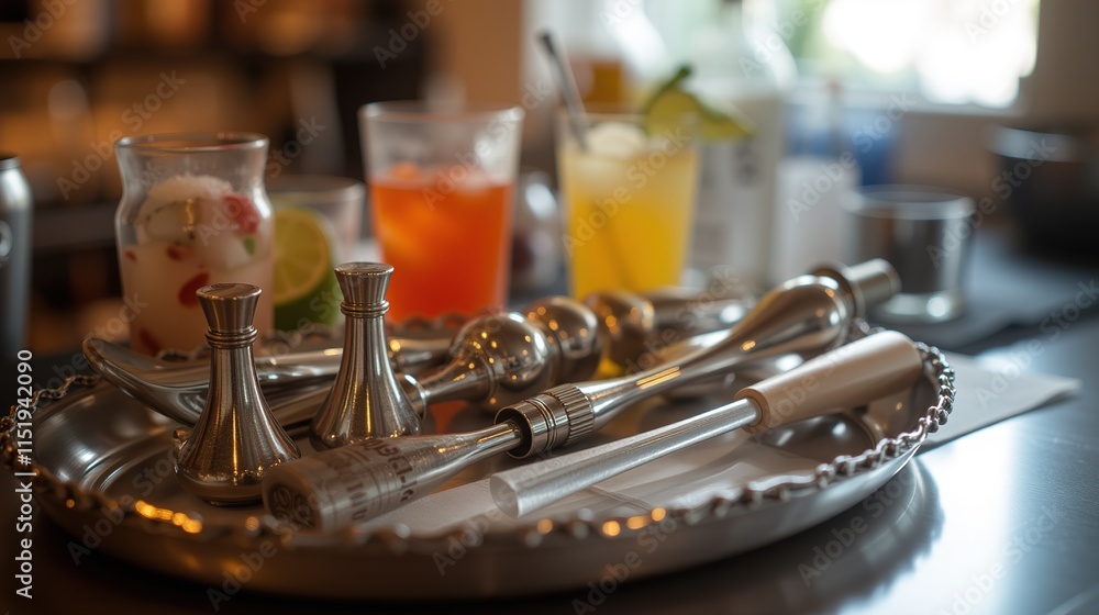 Bartending tools with cocktails on a bar tray under warm lighting Bartending tools with cocktails on a bar tray under warm lighting