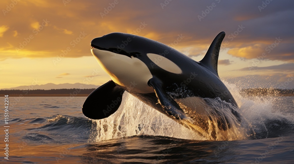 Fototapeta premium Orca Whale Sunset Leap: A Majestic Marine Mammal's Breathtaking Performance