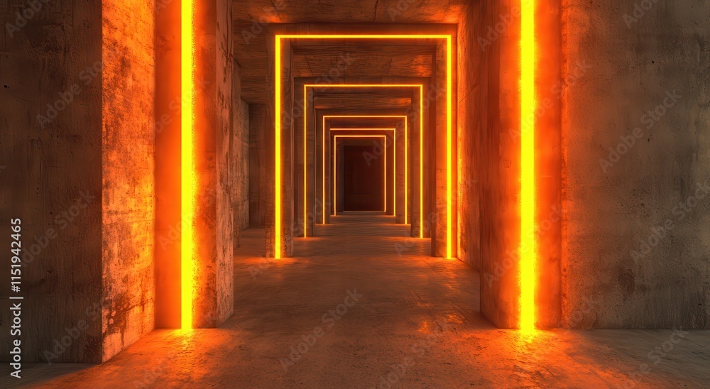 Fototapeta premium A dimly lit corridor with glowing orange neon lights framing the walls, creating a futuristic and atmospheric effect.