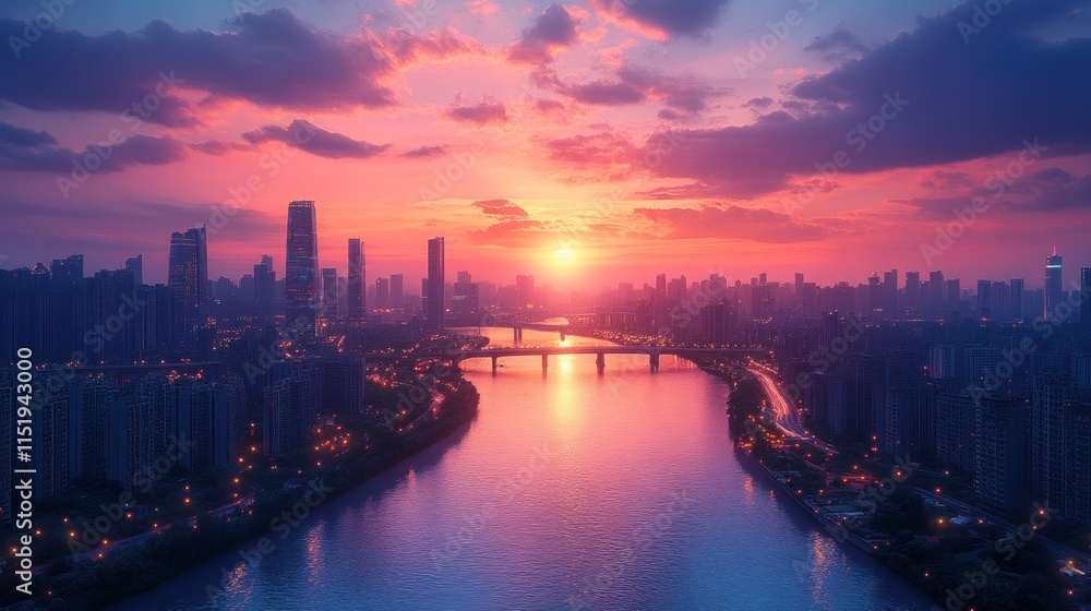 Fototapeta premium Vibrant sunset over cityscape with river and bridge.