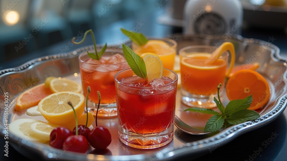 Fototapeta premium Vibrant cocktails with fresh fruit garnishes on a tray