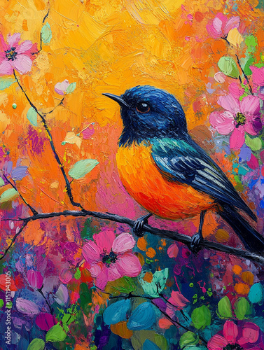 Vibrant bird resting on blooming branch in colorful setting