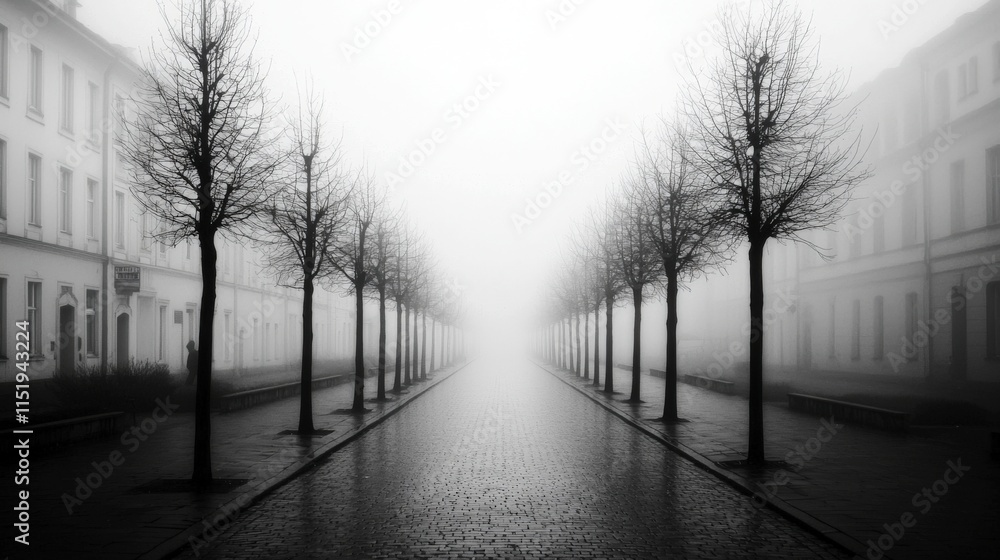 Fototapeta premium Anticipation anxiety uncertainty and unknow concept. Misty street lined with bare trees in monochrome tones.