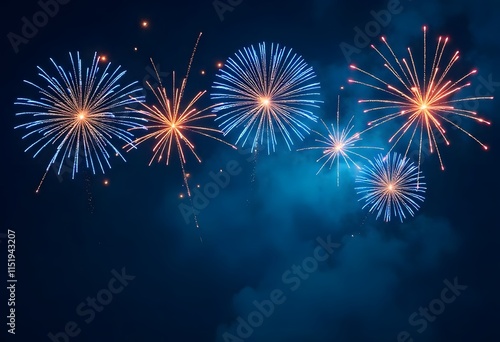 Stunning New Year Fireworks Display Against a Clear Night Blue Sky, Fireworks in Night, New Year background celebrations concepts, Happy independence day 4th july fireworks	