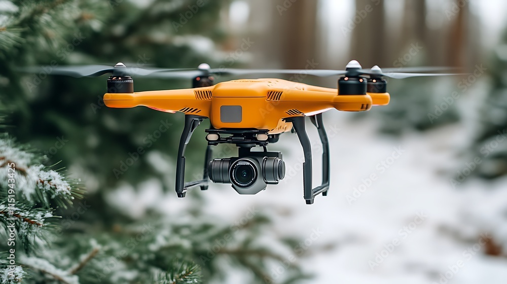 Orange Drone Flying Through Snowy Winter Forest Orange Drone Flying Through Snowy Winter Forest