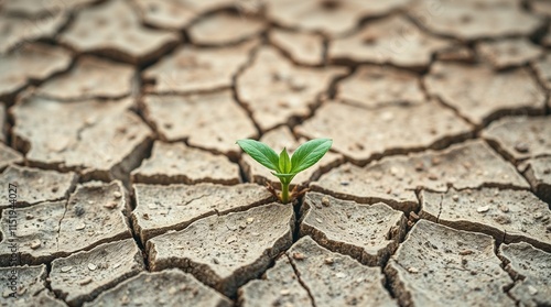 Green Seedling Growing in Cracked Dry Soil,  Resilience Concept