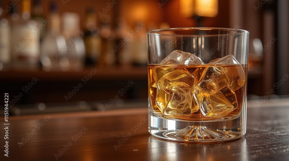 Whiskey on the rocks in elegant glass at cozy bar Whiskey on the rocks in elegant glass at cozy bar