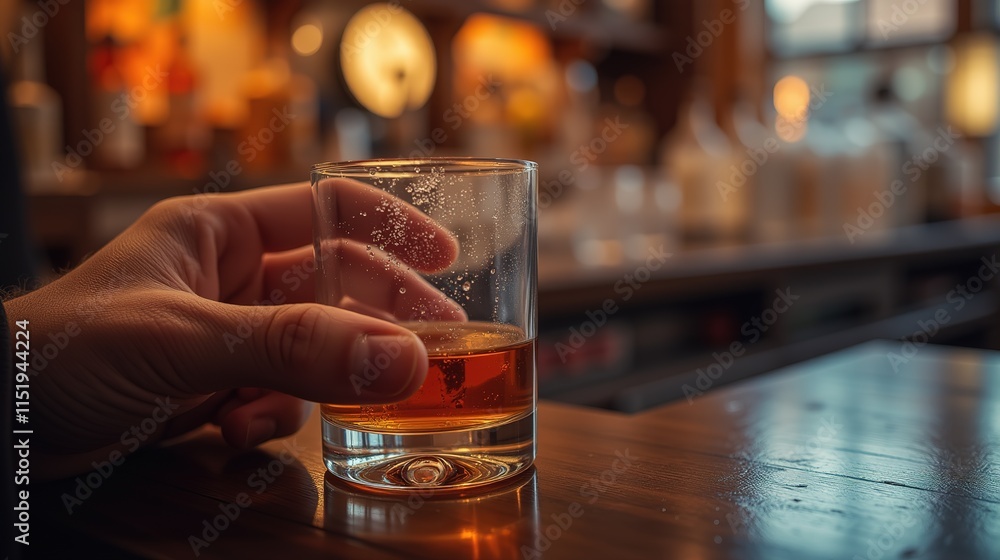 Hand holding whiskey glass with ice in warm bar ambiance Hand holding whiskey glass with ice in warm bar ambiance