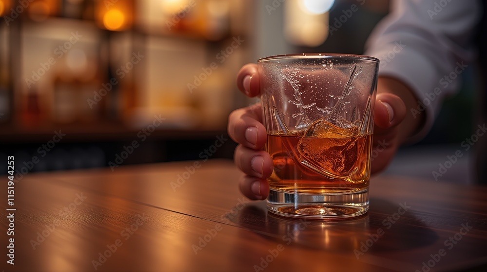 Hand holding whiskey glass with ice in warm bar ambiance Hand holding whiskey glass with ice in warm bar ambiance