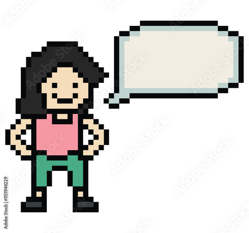 Cartoon pixel cute cartoon character face woman with chat blank decoration 8 bit female girl say speak discuss idea chat box cartoon pixel game 8bit png vector.