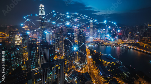 Wallpaper Mural Smart digital city with connection cyber security network reciprocity over the cityscape . future smart wireless digital city and social media networking systems that connects people within the city Torontodigital.ca