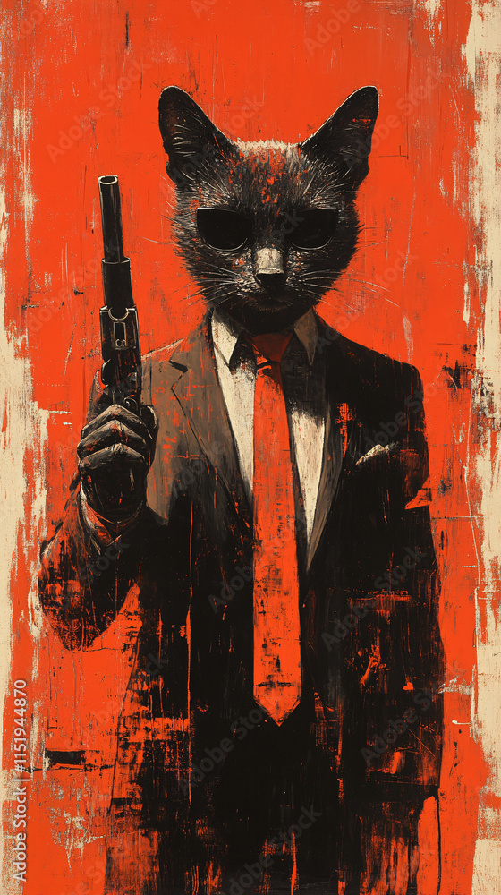 Naklejka premium Stylized surreal illustrations of anthropomorphic animals in suits holding weapons against bold red backdrops, perfect for dramatic and conceptual art themes