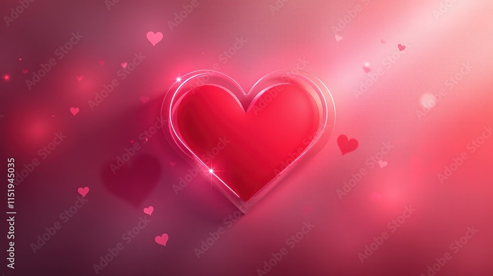 Glowing red heart with sparkles on soft pink background Glowing red heart with sparkles on soft pink background