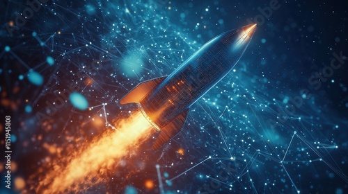 Wallpaper Mural Digital Rocket Ascend, showcasing a vibrant rocket navigating a web of signals, symbolizing technological business growth and innovation Torontodigital.ca