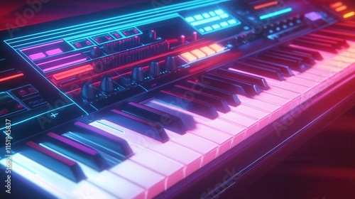 Retro keyboard close-up, vibrant mechanical keys illuminated, nostalgic 1980s design, colorful backlighting, detailed craftsmanship, tech heritage