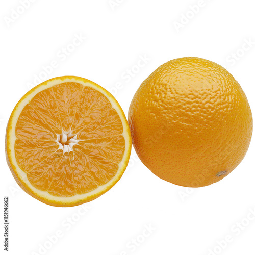 Fresh orange fruit and half orange showing pulp on transparent background