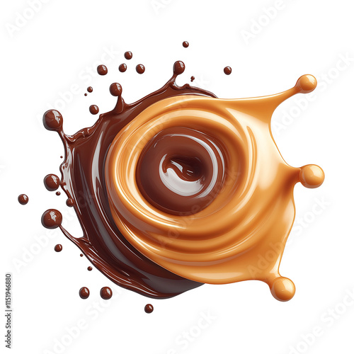 Caramel and chocolate splashing together on transparent background