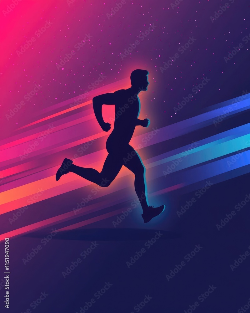 A silhouette of a runner in motion, surrounded by dynamic colorful streaks of light. A silhouette of a runner in motion, surrounded by dynamic colorful streaks of light.