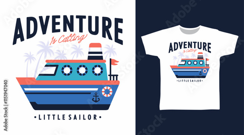 Adventure ship hand drawn illustration, vector ready for print on t-shirt and other uses.