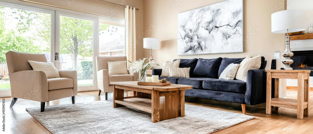 Modern living area with blue sofa, wooden coffee table, and natural light Modern living area with blue sofa, wooden coffee table, and natural light