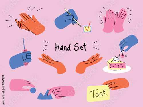 Set of Colorful Hands Holding Objects and Gesturing. Actions, Clapping, Writing, Pointing Up. Hands with Cake, Screwdriver, Banner, Check Box. Abstract Elements. Flat Hand Drawn Vector Illustration