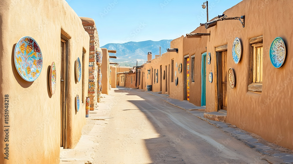 Fototapeta premium Desert city street in Santa Fe New Mexico with adobe-style buildings and colorful ceramic decor