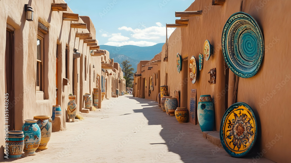 Fototapeta premium Desert city street in Santa Fe New Mexico with adobe-style buildings and colorful ceramic decor