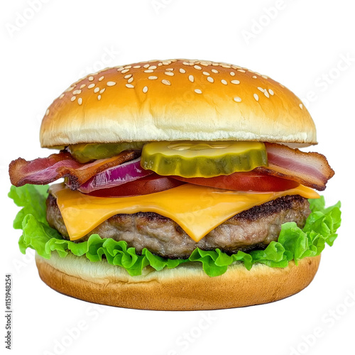 Delicious burger showing sesame bun, beef patty, cheese, bacon, lettuce, toma...