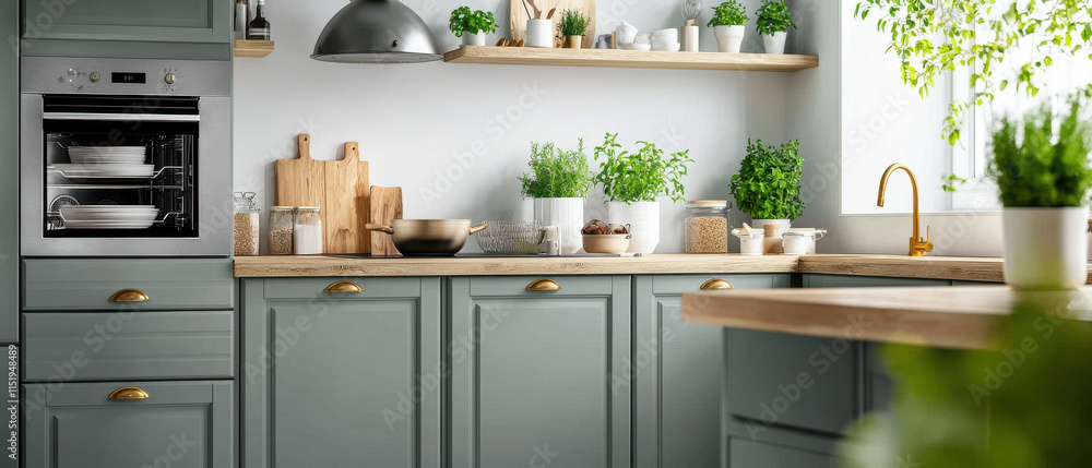 Modern olive green kitchen with wooden accents and plants for fresh look Modern olive green kitchen with wooden accents and plants for fresh look