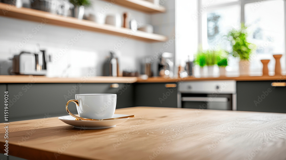 Modern kitchen with white cup on wooden table, featuring green cabinets Modern kitchen with white cup on wooden table, featuring green cabinets