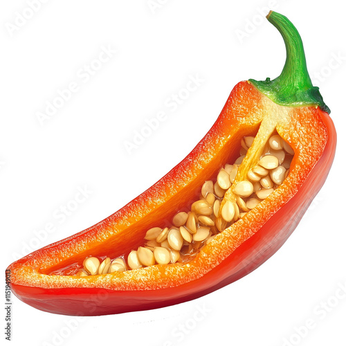 Half red chili pepper showing seeds on transparent background