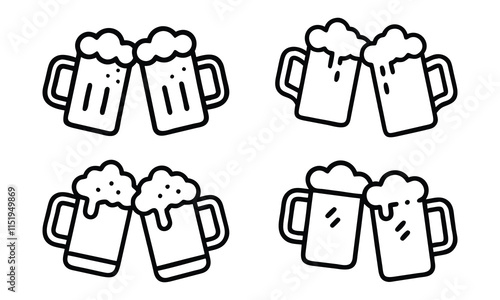 Minimalist Beer Mug Icon Set, A collection of four beer mug icons in black-and-white line art style, representing celebrations, parties, drinks, and social gatherings.
